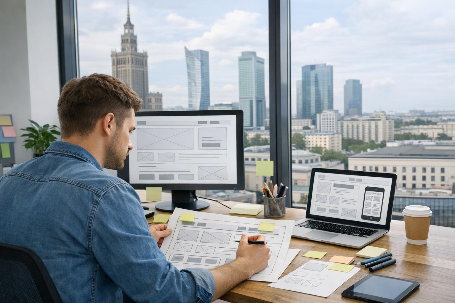 Zdjęcie: projektant pracujący nad makietą strony w biurze w Warszawie
