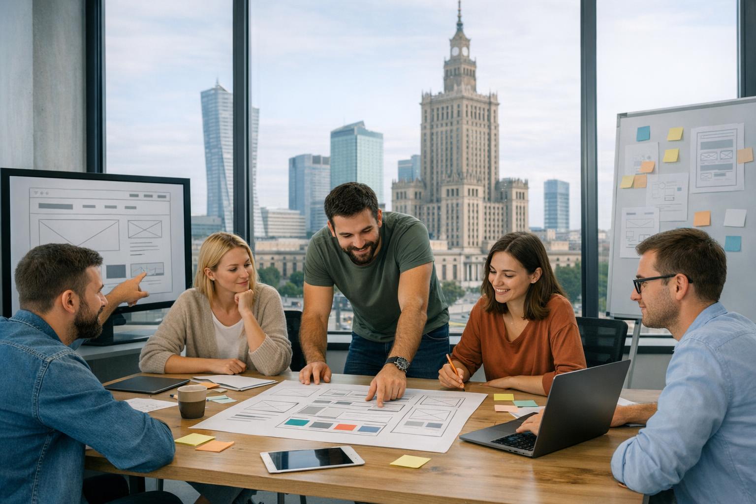 Zdjęcie: zespół programistów i projektantów omawiających projekt strony w biurze w Warszawie